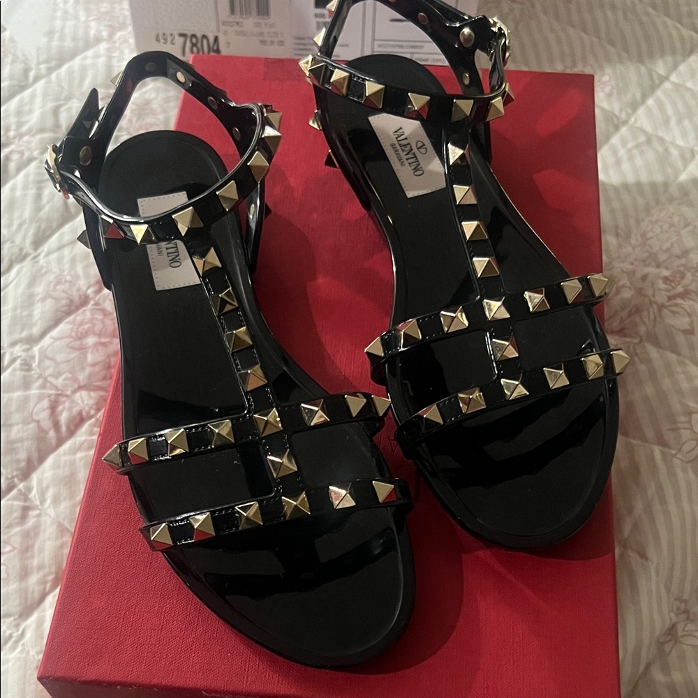 Valentino Garavani Black and Gold Studded jelly Sandals size 7